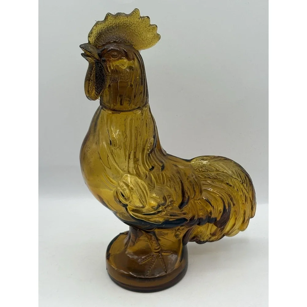 Vintage 1973 Amber Brown Glass Crowing Rooster Decanter Jeffrey Snyder Farmhouse